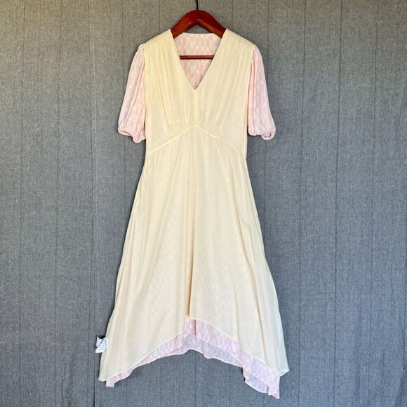Club Monaco Pink Cream Check Print Puff Sleeve Shark Bite Hem Midi Dress Size 12 - Picture 10 of 16